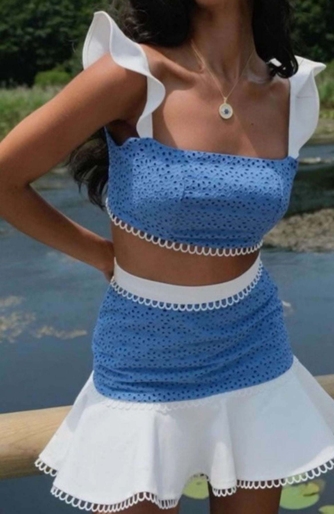 Eyelet Ruffle Trim Crop Top & Skirt Set