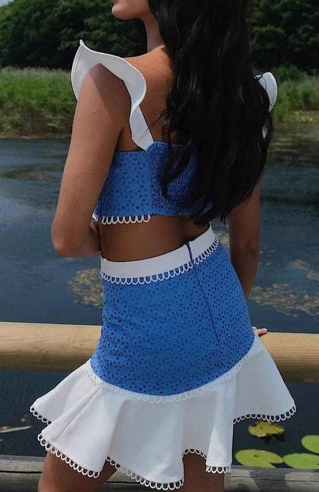 Eyelet Ruffle Trim Crop Top & Skirt Set