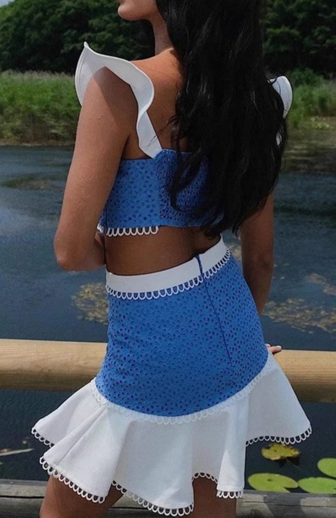 Eyelet Ruffle Trim Crop Top & Skirt Set