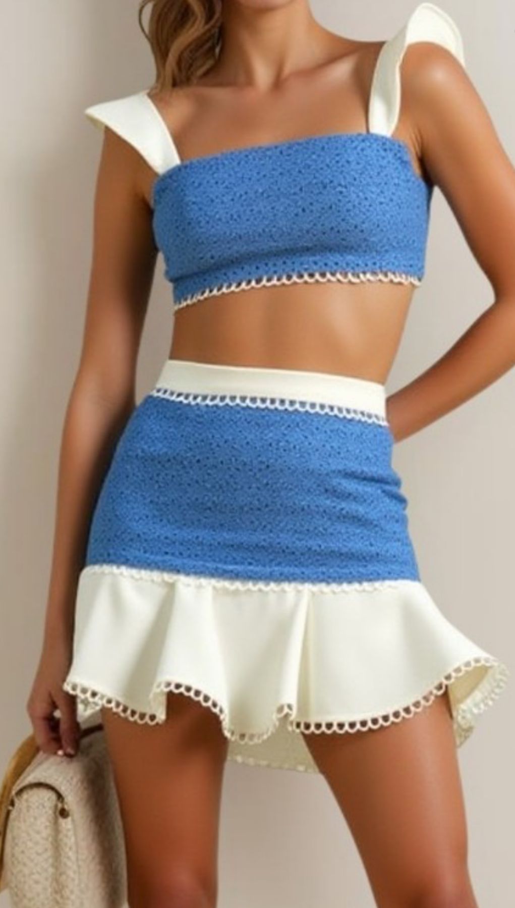 Eyelet Ruffle Trim Crop Top & Skirt Set