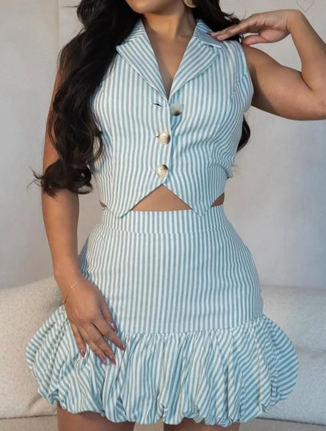Striped Button-up Ruffle Skirt Set